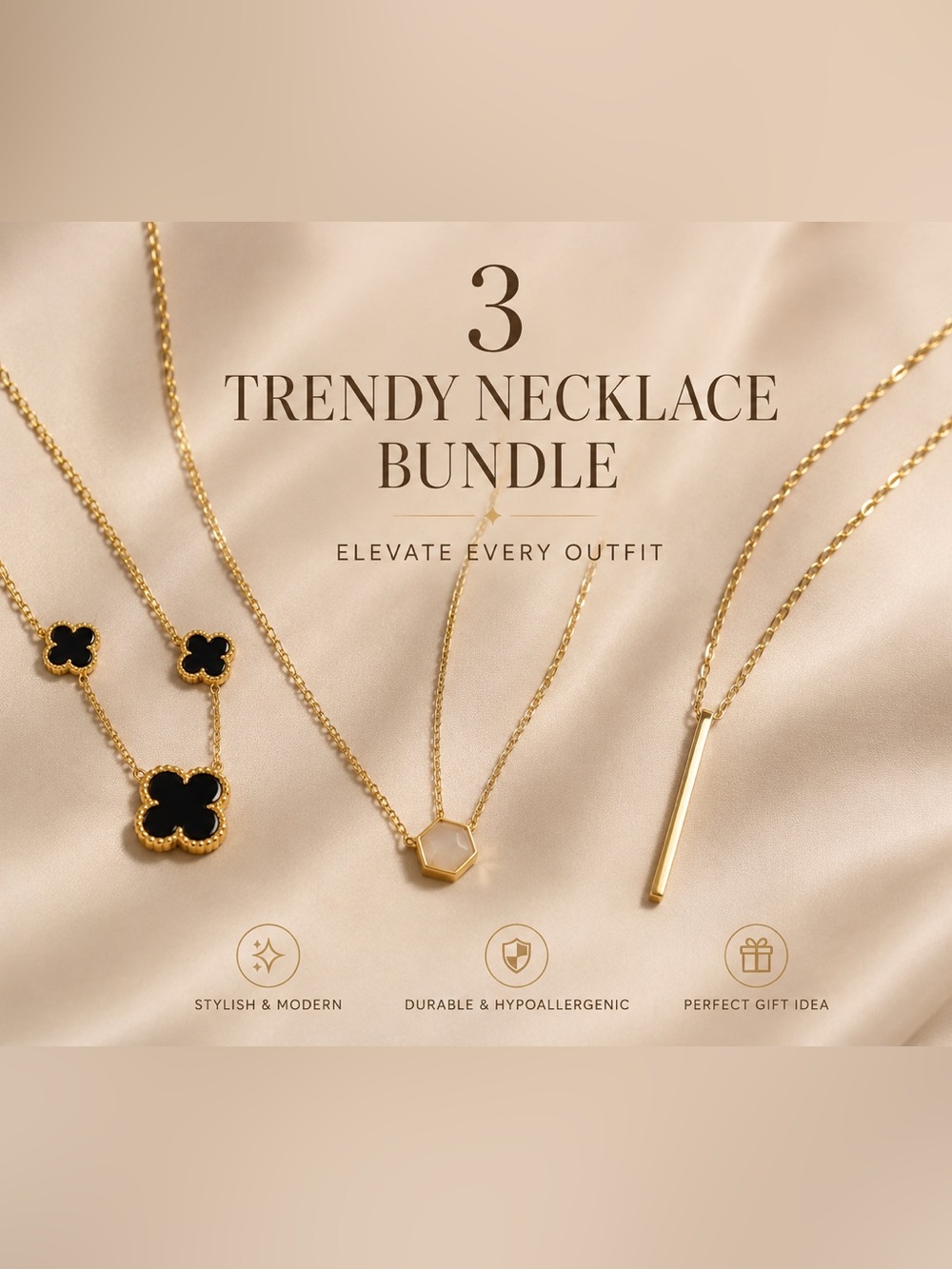 3-Piece Gold Necklace Set with Black Clover & Hexagon Pendants